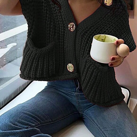Black Casual Women's Loose Knit Vest With Double Pockets - Picture 5 of 5